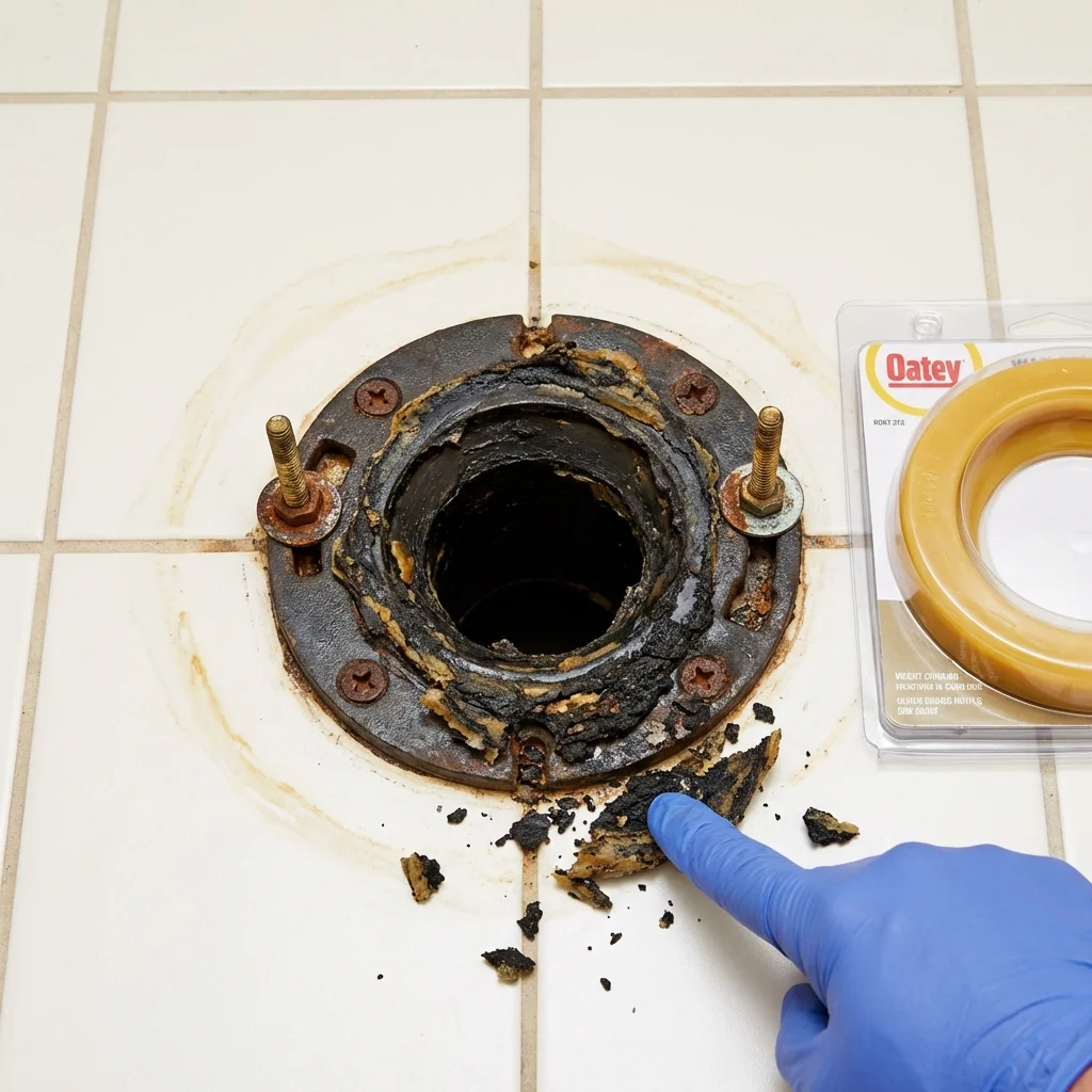 Failed wax ring showing water seepage at the base of a toilet in a Princeton, IN home