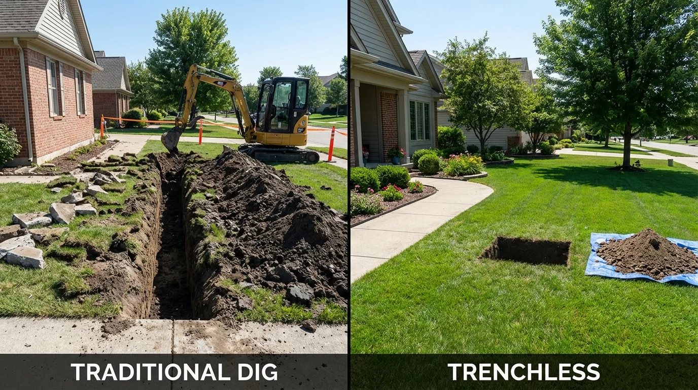 Trenchless sewer repair with minimal yard damage versus traditional excavation in Princeton, IN