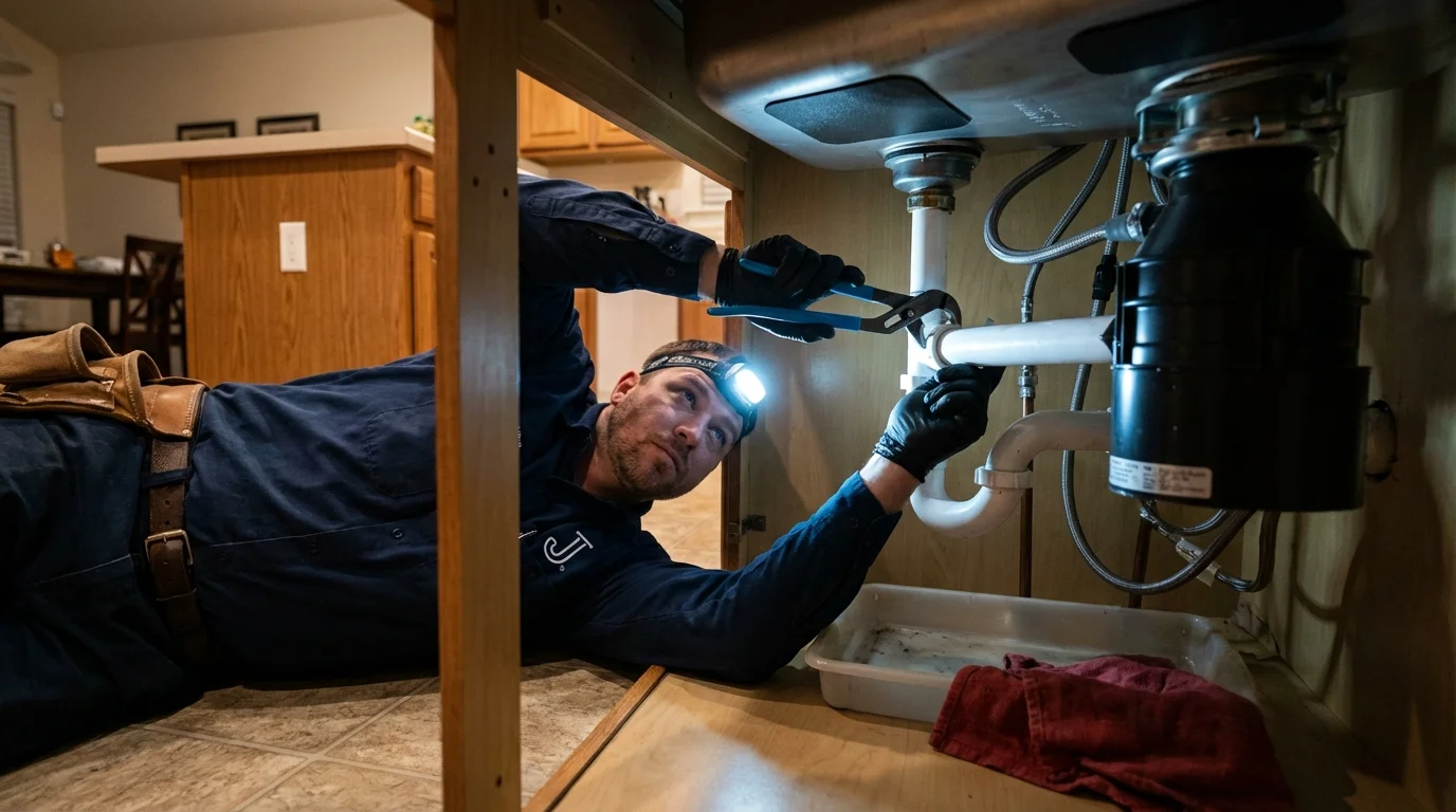 P-trap and supply line connections under a kitchen sink showing a common leak point in Princeton, IN